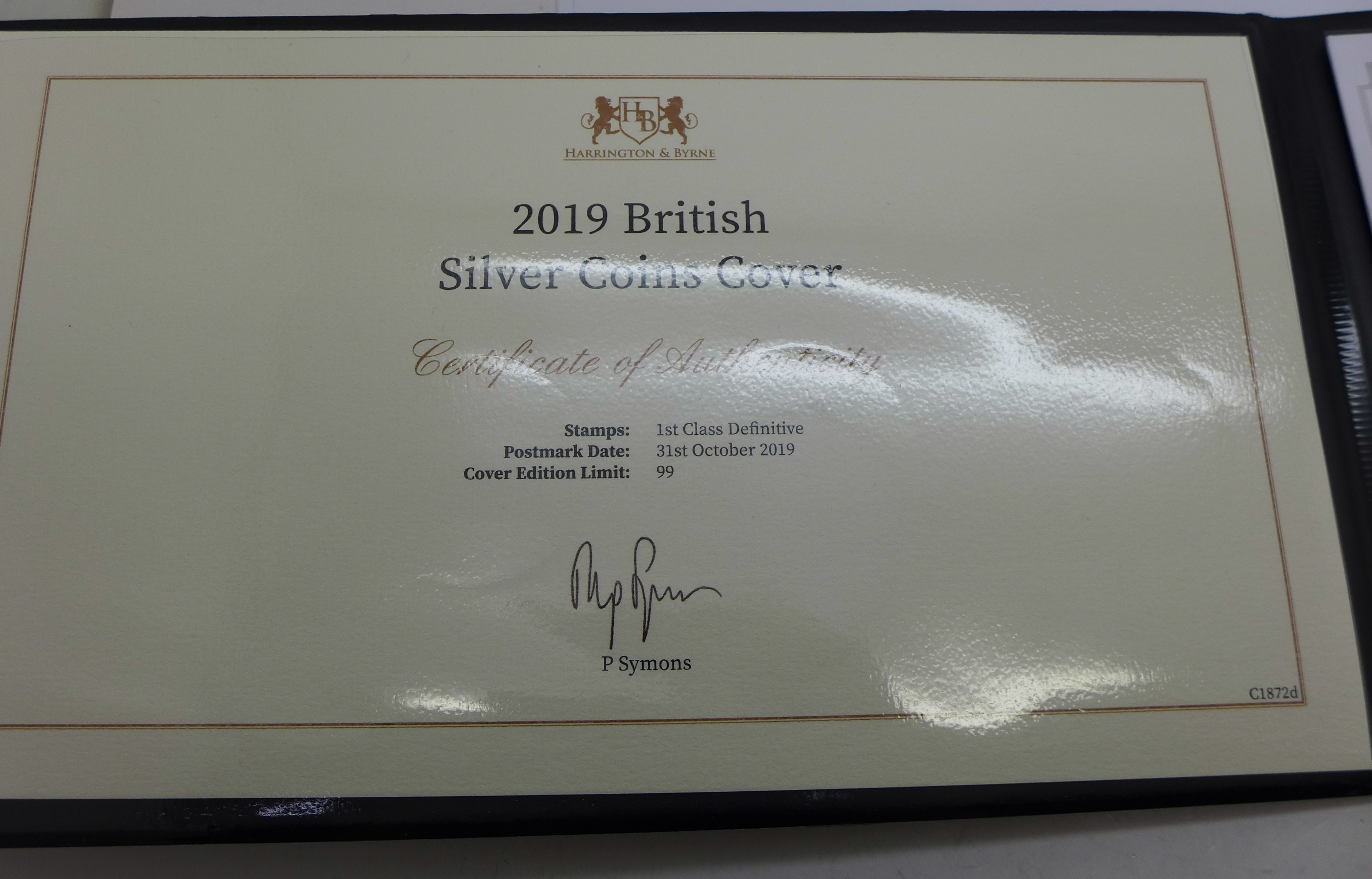 A 2019 British silver coins cover collection includes four 1oz. fine 999.9 silver coins, with - Image 2 of 3
