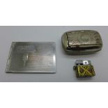 A chrome 'Stamps' case, a miniature lighter and a snuff box