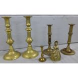 Brassware including two pairs of candlesticks