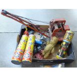 A Jones metal toy crane, die-cast vehicles including Matchbox and three kaleidoscopes