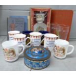 A box of Royal memorabilia including glassware, china and four books