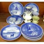 Three Wedgwood vases including two Jasperware and eight Royal Copenhagen Christmas plates, 1960's to