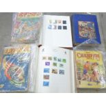 Two stamp albums with British and worldwide stamps, three annuals including The Champion 1953,