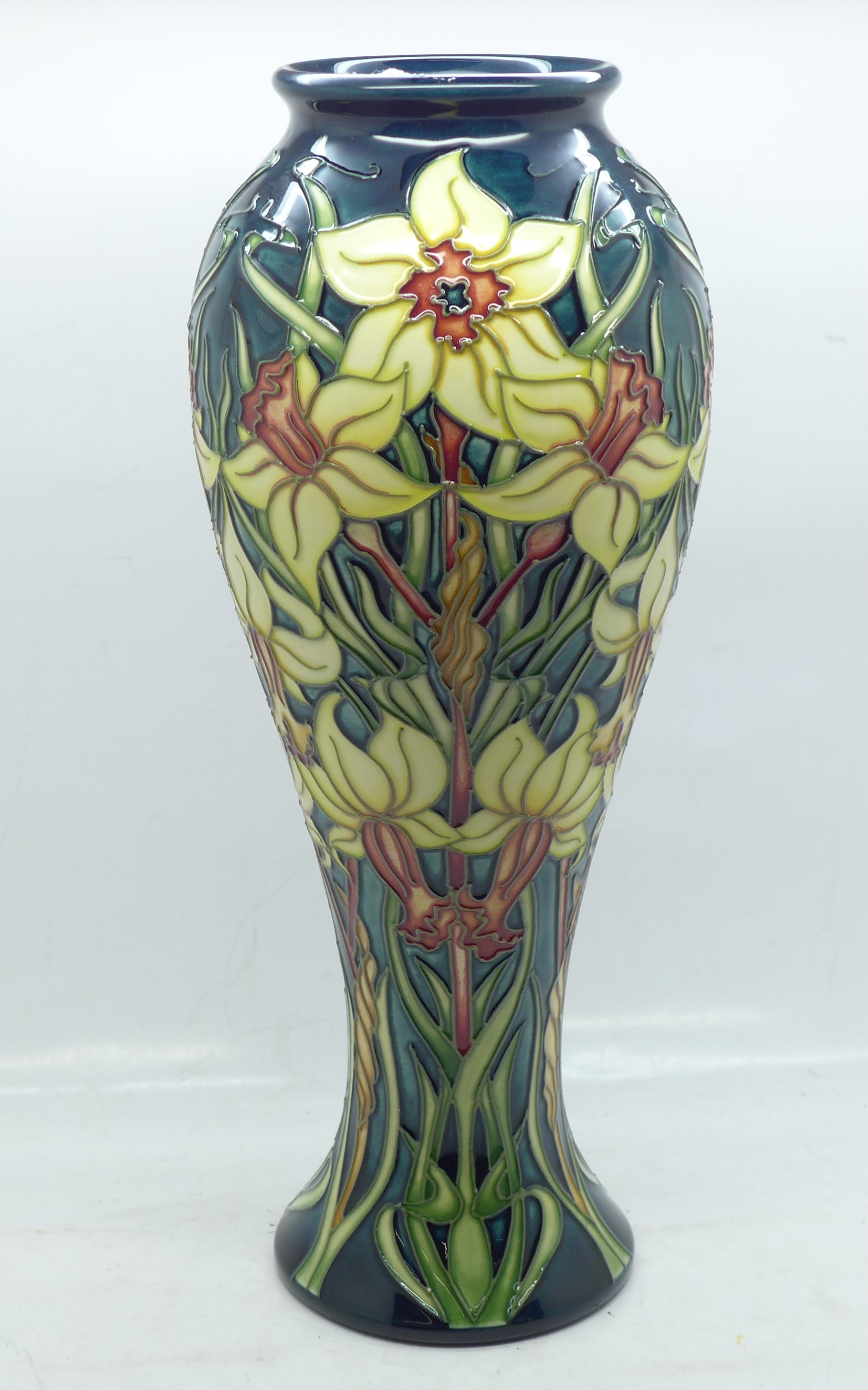 A Moorcroft Jonquilla vase, 18/200 designed by Rachel Bishop, signed on the base, 28cm, boxed