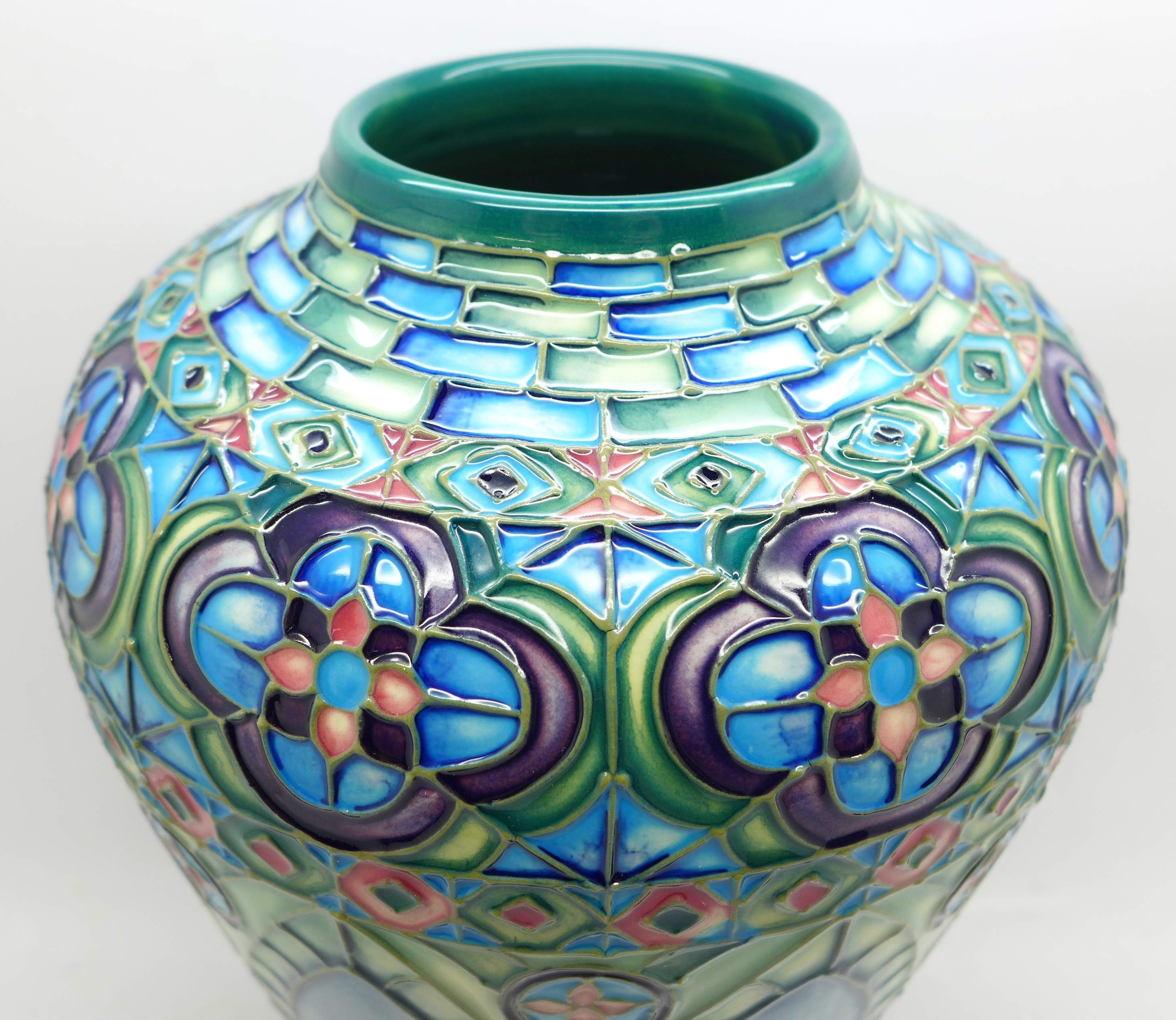 A Moorcroft Meknes vase, 79/350, designed by Beverley Wilkes, signed on the base, 21.5cm, boxed - Image 3 of 4