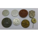 Five German WWII period badges including three 'tinnies' and three tokens, (8)