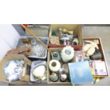 Five boxes of assorted items; china, glass, metalwares, oil lamp, case, typewriter, walking cane,