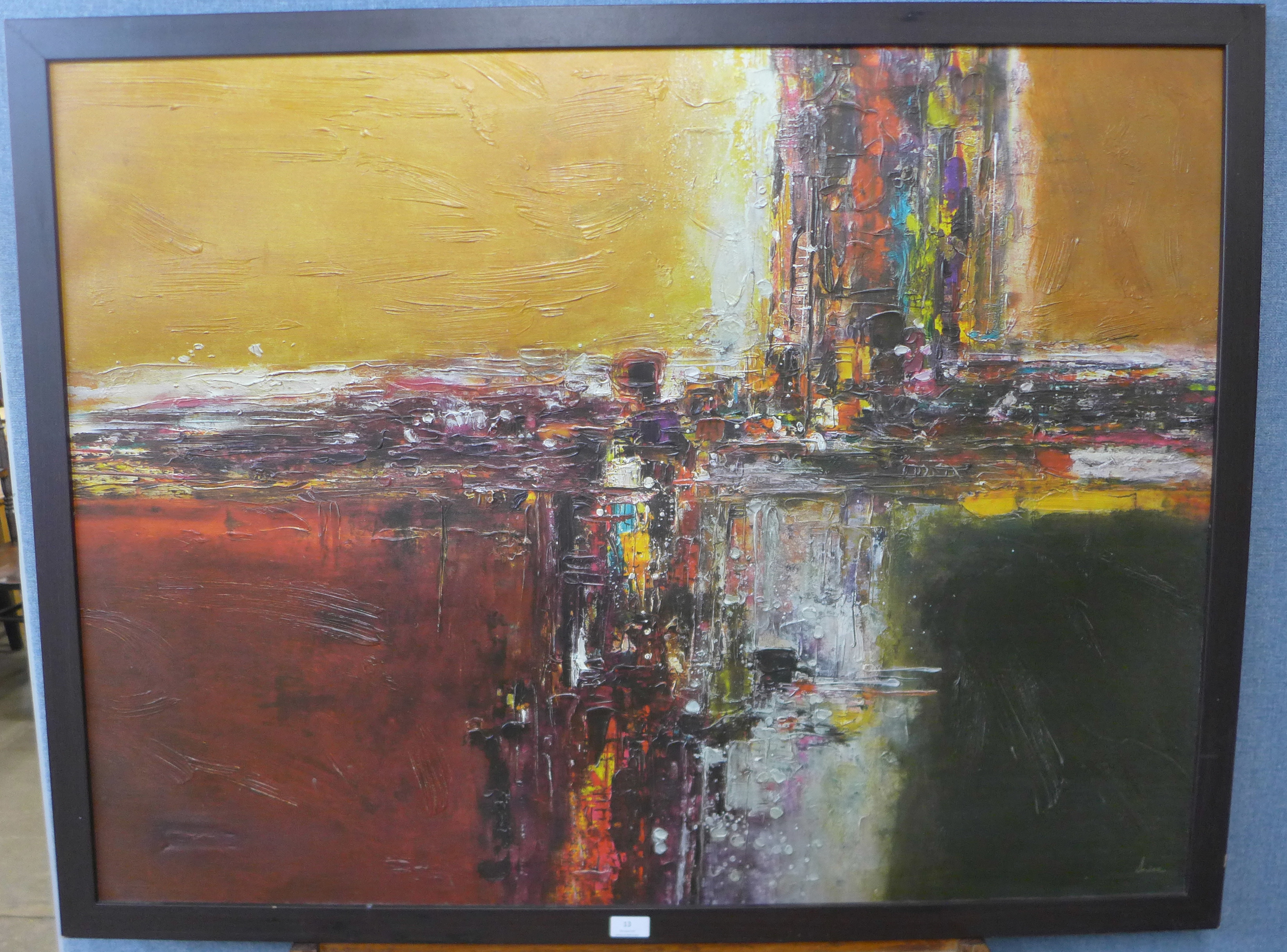 * Devine, abstract print on canvas, 82 x 110cms, framed and a New York skyline print - Image 2 of 3