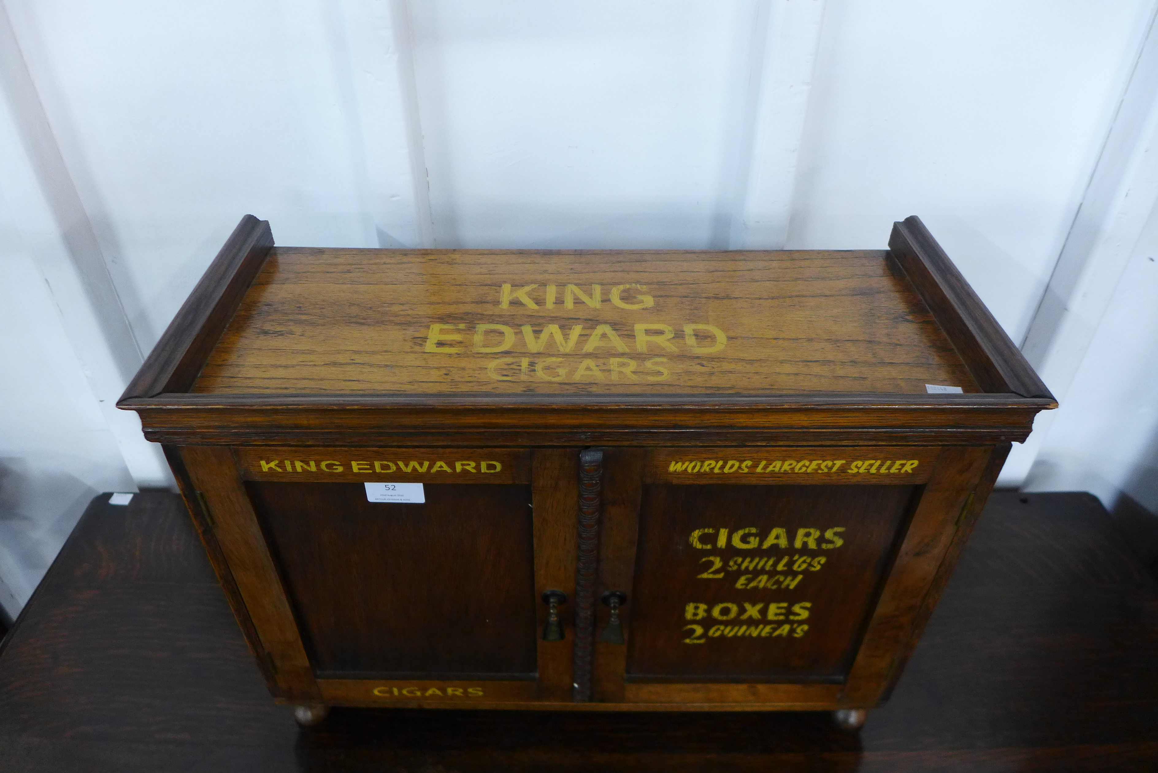 An oak table top two door cabinet, bearing painted King Edward Cigars inscription - Image 2 of 2