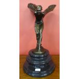 A large bronze Spirit of Ecstasy, on black marble plinth