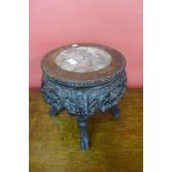 A Chinese marble topped padouk jardiniere stand, 34cms