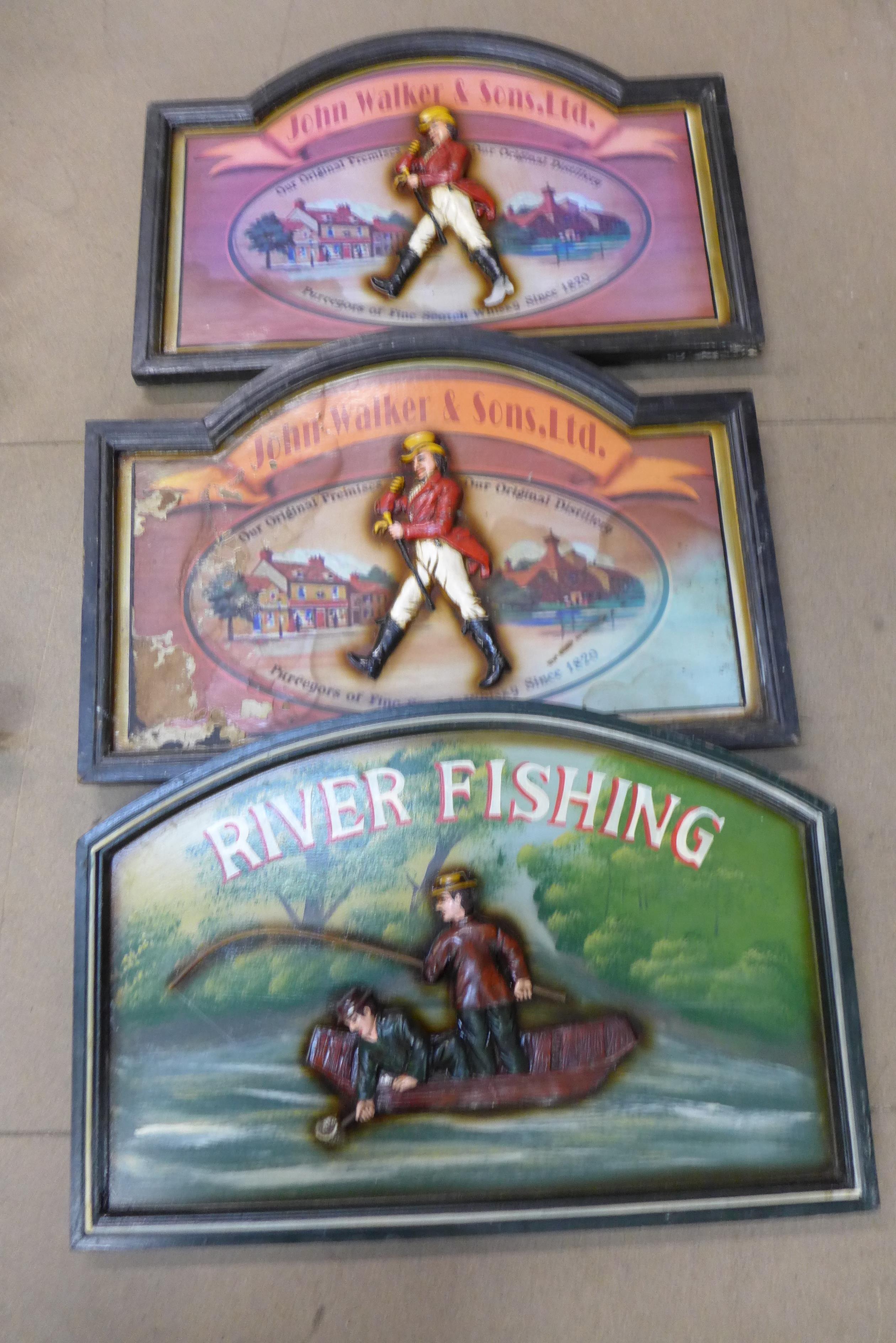 Three pub style signs, River Fishing and John Walker & Sons Ltd., a/f
