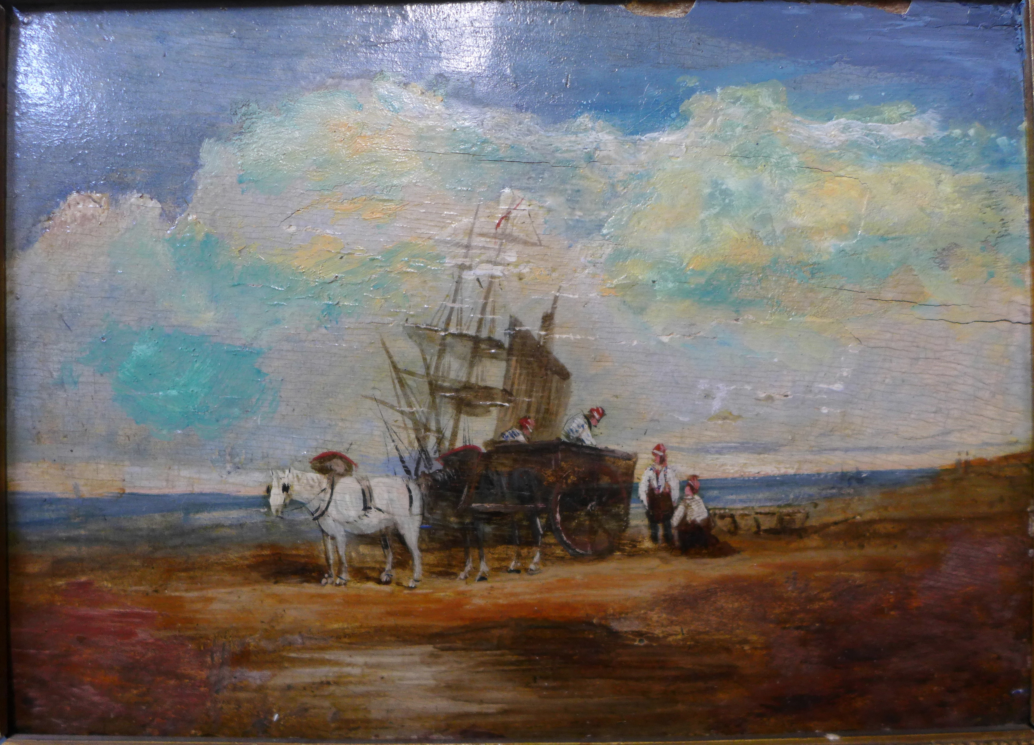 English School (19th Century), coastal landscape with fishermen and the days catch, oil on board,