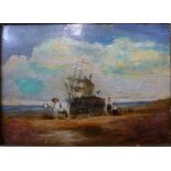 English School (19th Century), coastal landscape with fishermen and the days catch, oil on board,