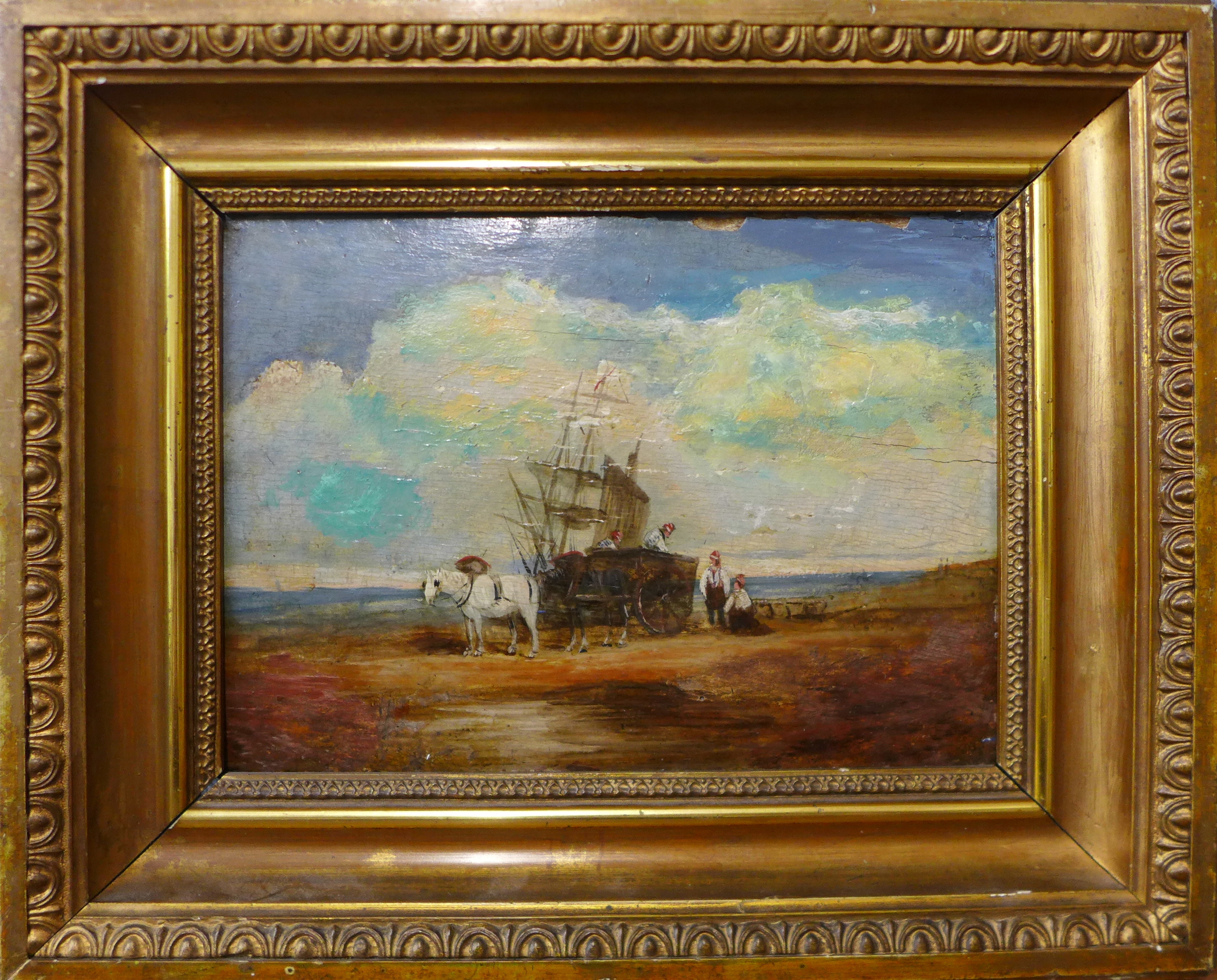 English School (19th Century), coastal landscape with fishermen and the days catch, oil on board, - Image 2 of 3