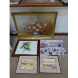 Robert Cox, still life of flowers, oil on canvas, a L.S. Lowry print and three others