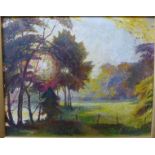 Fred Darking (1911-1999), Evening Sun Through Trees, oil on board, 33 x 41cms, framed