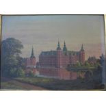 Continental School (19th Century), landscape with a palace by river, oil on canvas, indistinctly