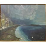 Continental School, coastal landscape at night, oil on canvas, 39 x 50cms, framed