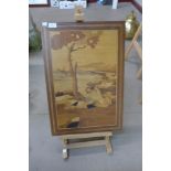 A Sorrento ware marquetry panel and an easel