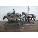 Three bronze effect models, two horse and jockey and one horse and foal, all signed Harriet Glen