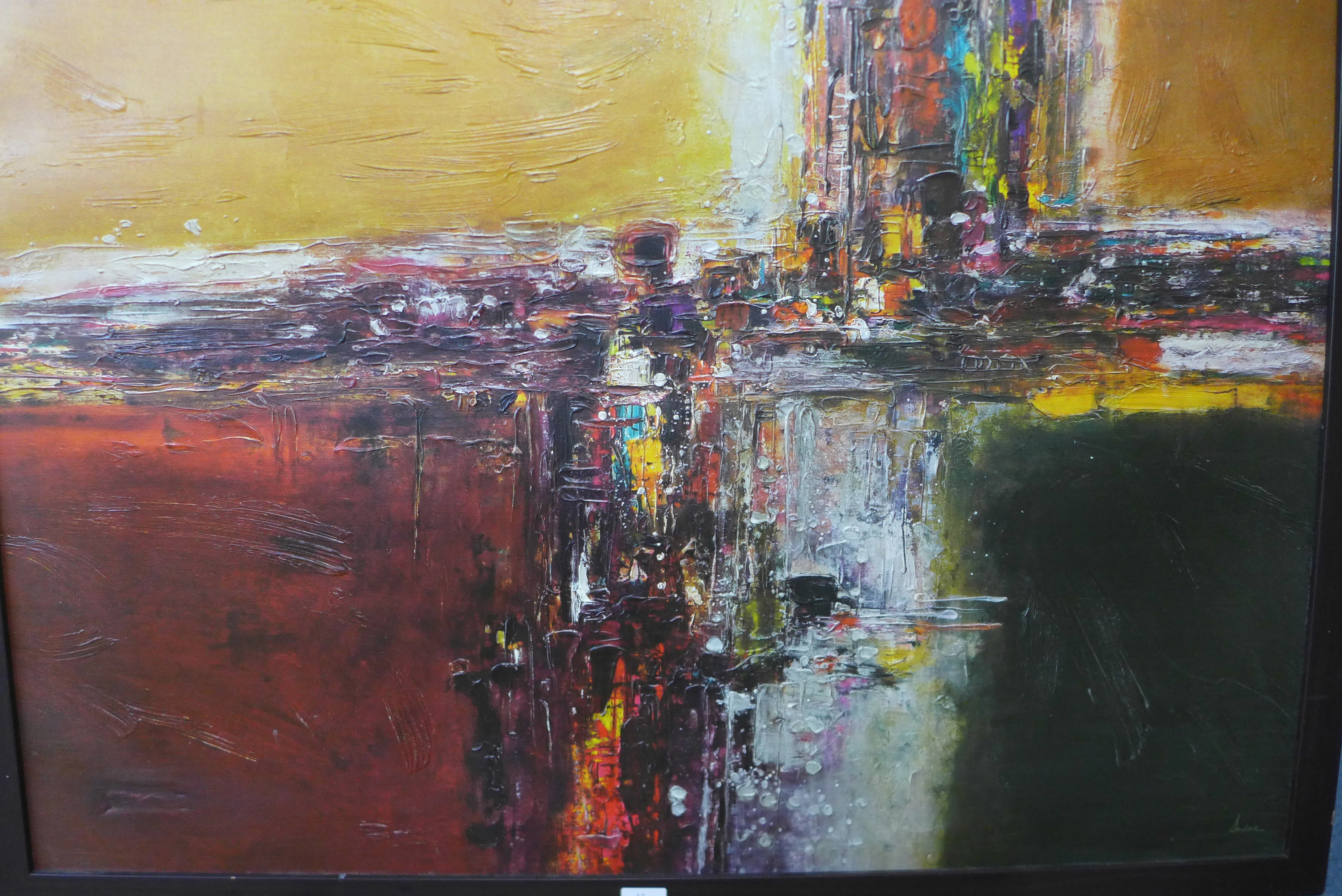 * Devine, abstract print on canvas, 82 x 110cms, framed and a New York skyline print