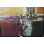 * Devine, abstract print on canvas, 82 x 110cms, framed and a New York skyline print