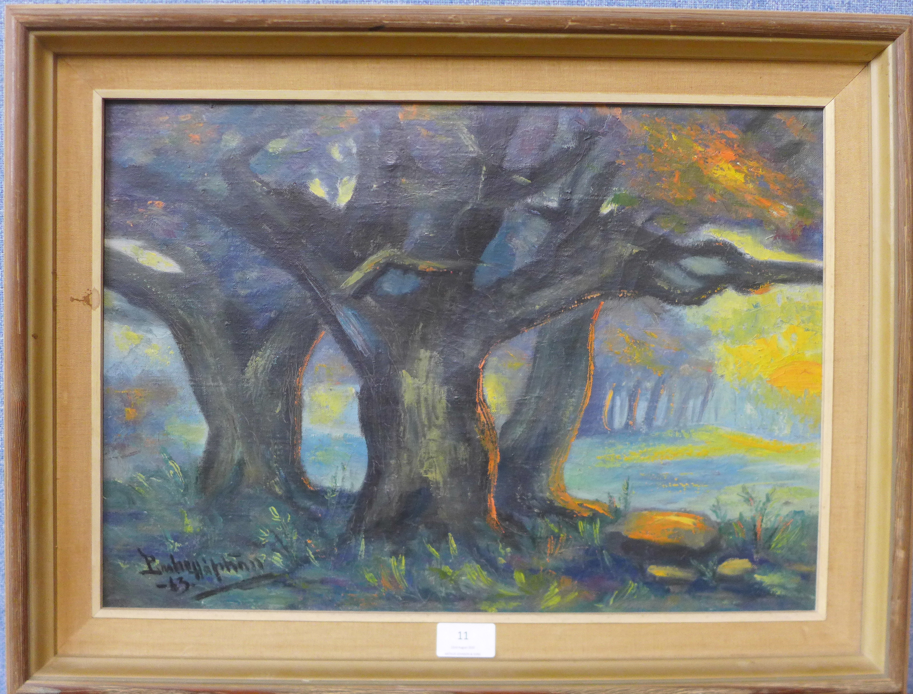 French Post Impressionist School, forest landscape, oil on canvas, indistinctly signed, 34 x - Image 2 of 3