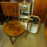 A gilt framed mirror, a walnut framed mirror and a walnut table