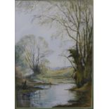 Rex Brumpton, river landscape, watercolour, 35 x 24cms and a textile picture
