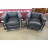 After Le Corbusier, a pair of chrome and black leather armchairs