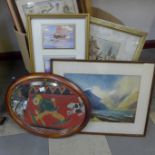 Assorted prints, paintings and a small Victorian oval mahogany mirror