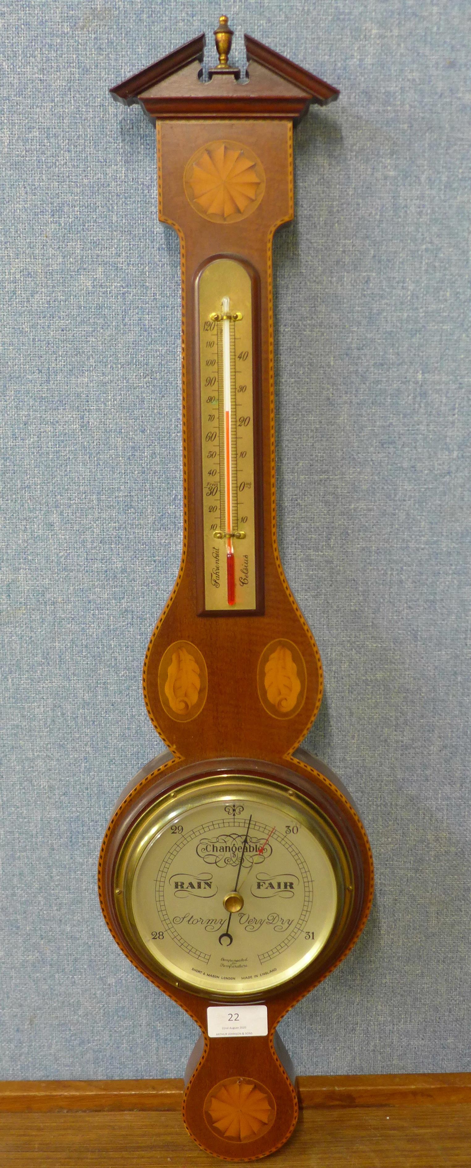 A Short & Mason of London inlaid mahogany aneroid barometer