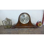 An Art Deco walnut mantel clock, a German Schatz carriage clock and a German alarm clock