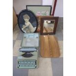 Assorted prints, mirror and a vintage Hermes baby typewriter