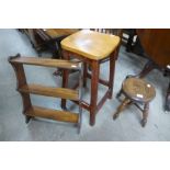 A small elm stool, a beech stool and oak wall shelves