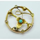 A 15ct gold, turquoise and seed pearl brooch, 2.3g, one seed pearl msising, a/f, repaired