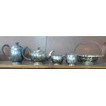 A four piece plated tea service and a plated basket, both by Walker & Hall