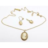 A 9ct gold cameo pendant and chain, and a pair of 9ct gold cameo earrings, one a/f, lacking hook,