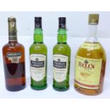 Four bottles, Bell's Finest Old Scotch Whisky, 1.5L, two William Lawson's Scotch Whisky and one
