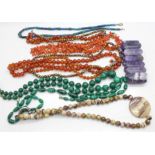 Vintage jewellery including a coral necklace, amethyst quartz bracelet, malachite, lapiz lazuli