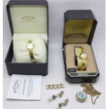 Two lady's wristwatches, Seiko and Rotary, a pendant watch, a brooch and a pair of earrings