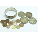 Two Victorian silver crowns, two Victorian double florins other coins and a silver bangle