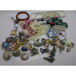 Costume jewellery including brooches, necklaces, amber bracelet and earrings