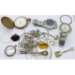 Four watches, a silver bracelet, hoop earrings, a swivel fob, etc., (some a/f)
