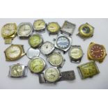 Seventeen wristwatch heads and cases, some with backs missing