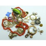 A 9ct gold picture locket, other picture lockets, chain, necklets, coral necklace, etc.