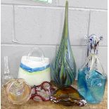 A collection of glass; a Murano vase, one other tall teardrop vase, three baskets, two bowls and a