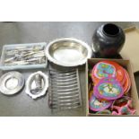 Mother of pearl handled plated cutlery, a plated tray, boot match holder, vase and a box of oriental