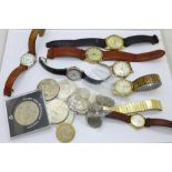 Lady's and gentleman's wristwatches, Roamer, Oris and Tissot, etc., and a collection of coins
